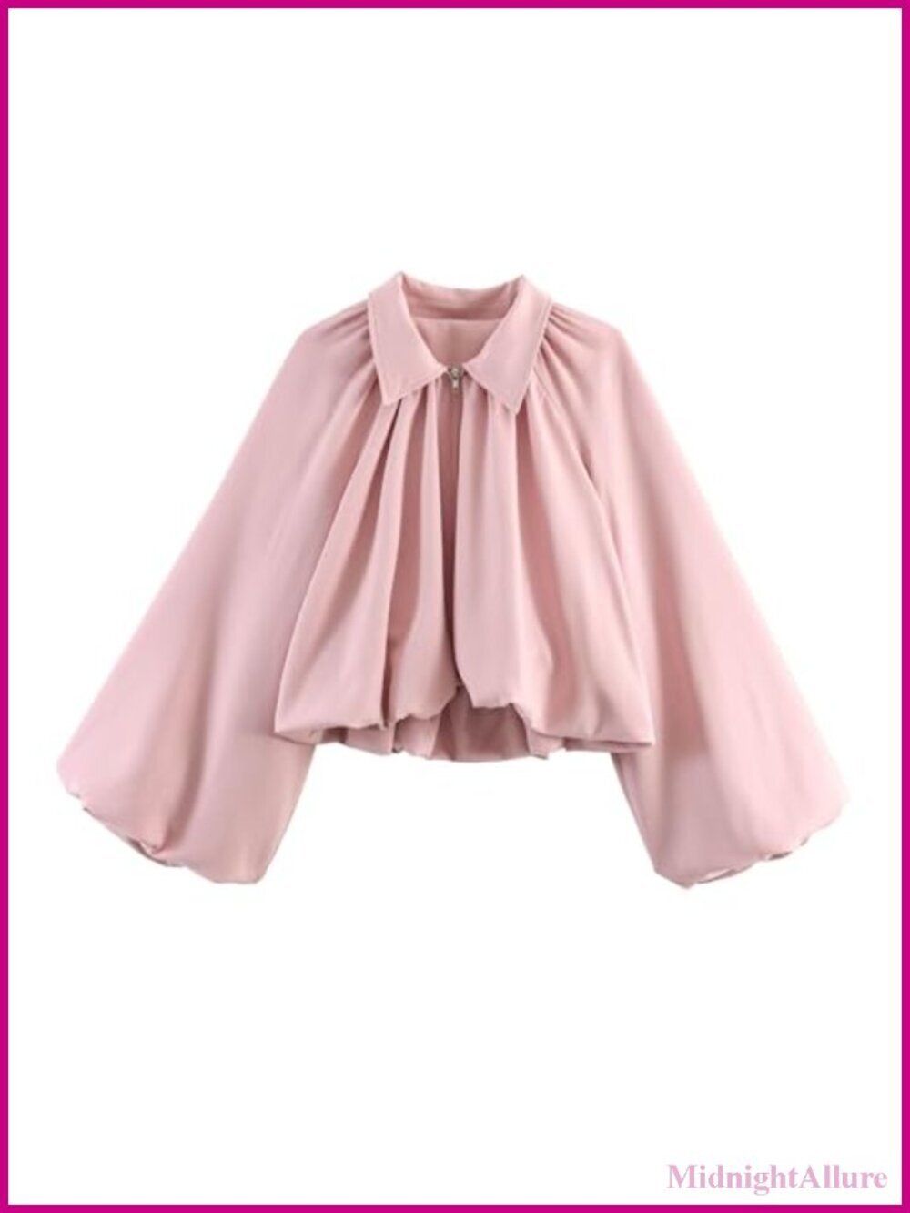 Puff Sleeve Bomber Jacket Casual Lapel Collar Full Zip Loose Fit Spring Fall